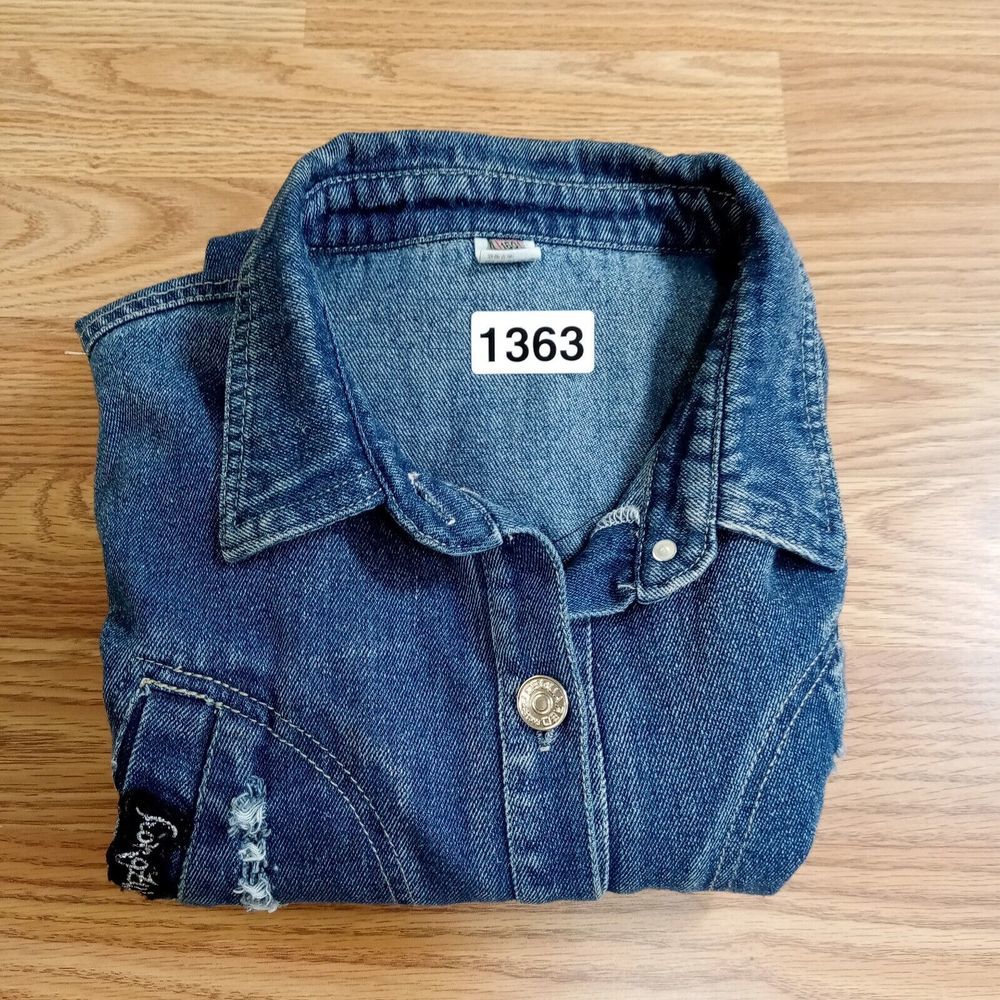 Boom Sequin Hi-Low Hem Denim Jacket Girls Sz 10-12 Blue Distressed - Picture 14 of 14